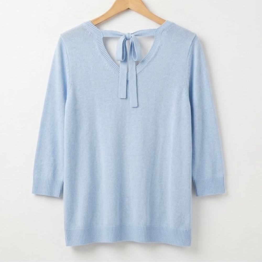 Talbots Pima Cotton Powder Blue V-Neck 3/4 Sleeves Sweater With Bow Detail Back - Picture 3 of 4
